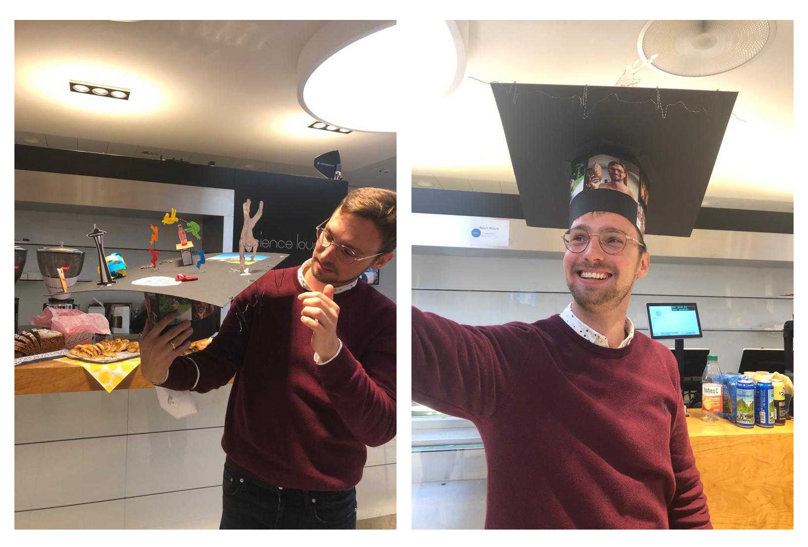 Two pictures of Christian Bock looking and wearing the PhD hat that his lab mates made for him.